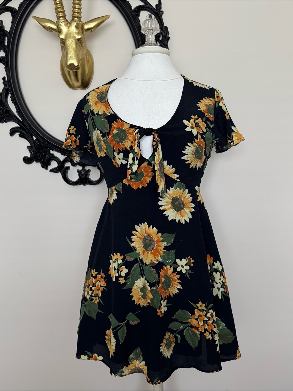 Black Swan Navy Sunflower Print Tie-Front Dress